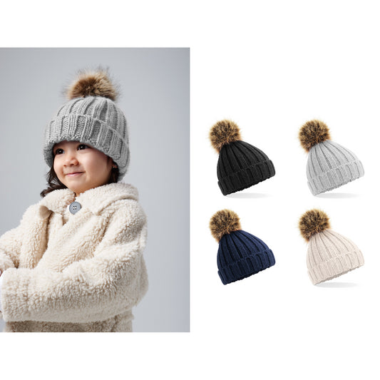 Beechfield Infant/junior fur pom pom chunky beanie