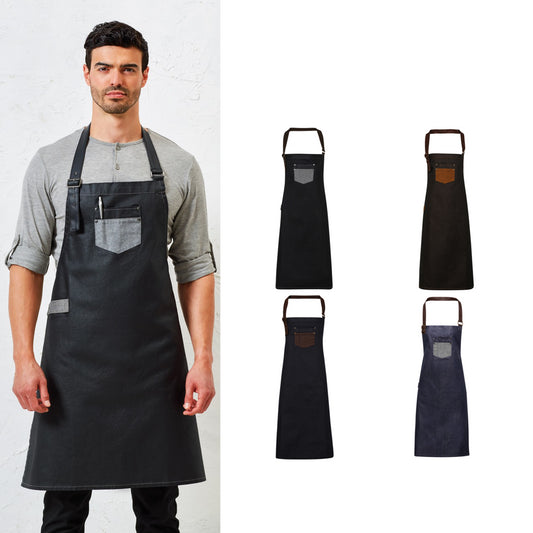 Premier Division waxed-look denim bib apron with faux leather